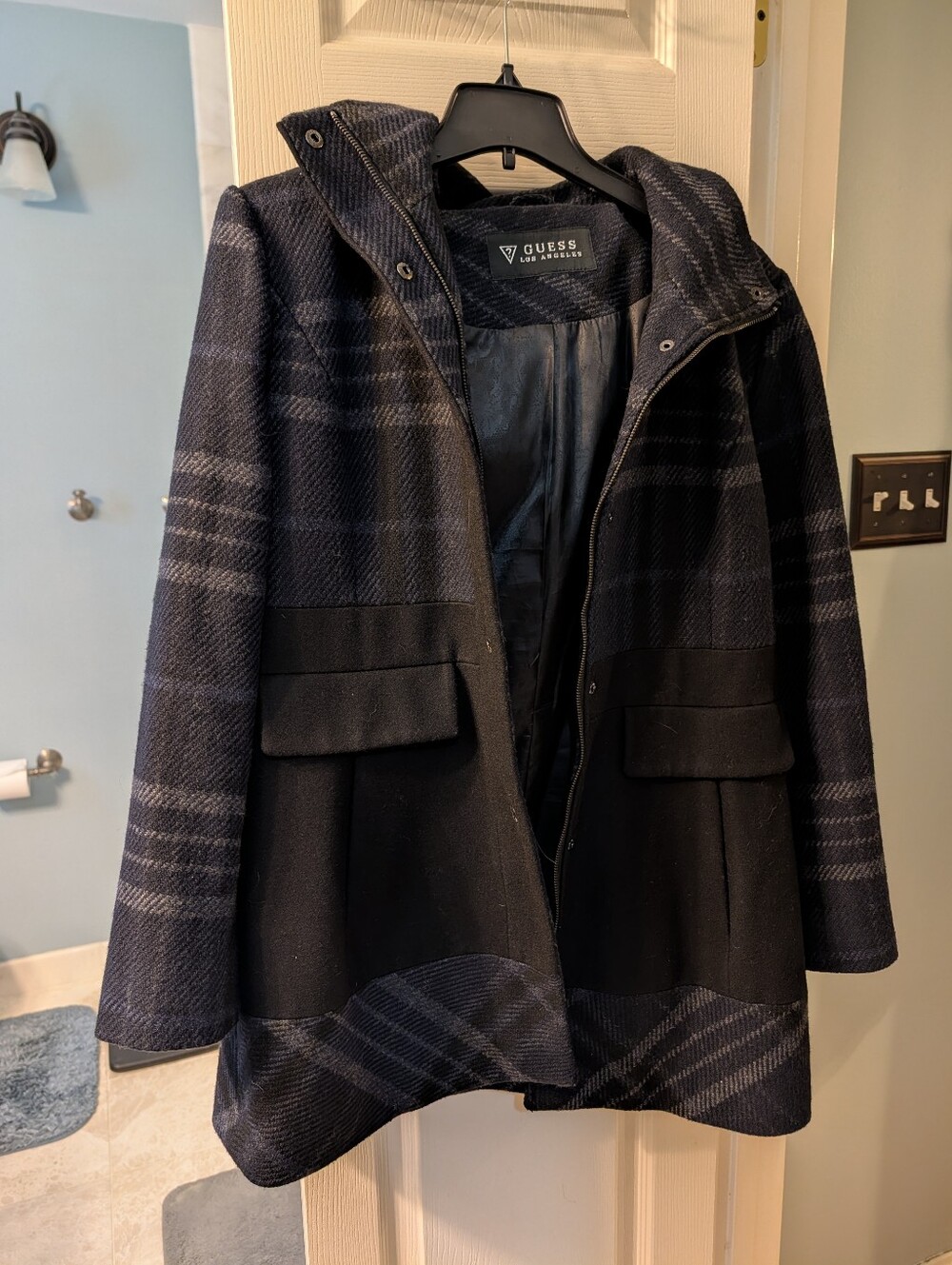 GUESS Black and Charcoal Plaid Hooded Trench Coat